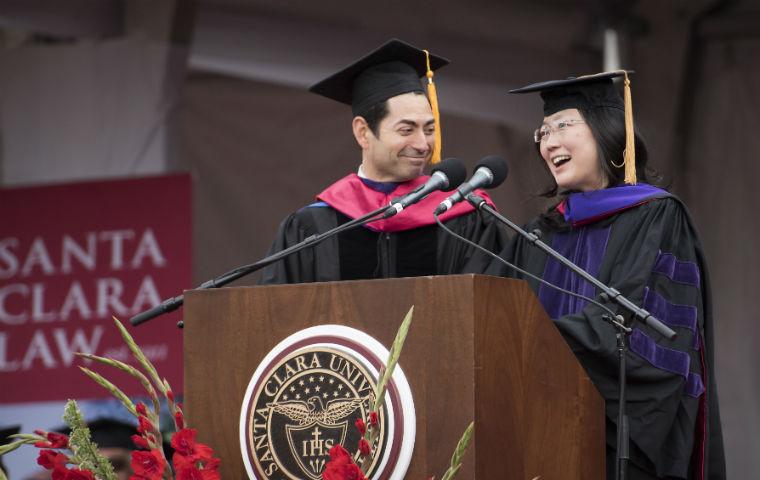 California Supreme Court Justice Mariano Florentino Cuéllar and U.S. District Judge Lucy Koh of the Northern District of California spoke at the Santa Clara University School of Law commencement May 21, 2016. Photo by Joanne H. Lee