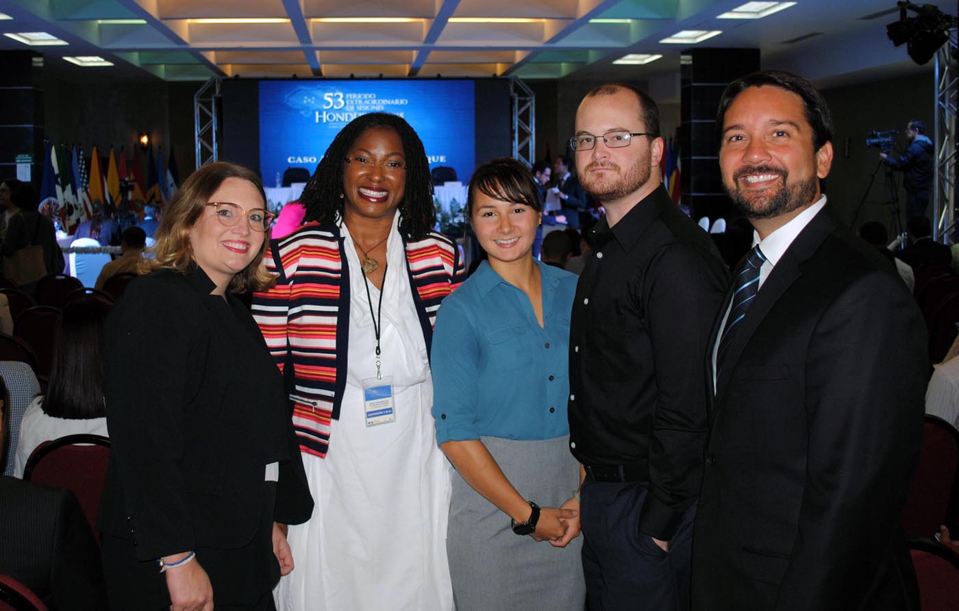 IHRC students Allison Pruitt, Forest Miles, and Erica Sutter, and IHRC Director Francisco J. Rivera Juaristi, with Commissioner Tracy Robinson, Rapporteur on the Rights of LGBTI Persons at the Inter-American Commission on Human Rights. 