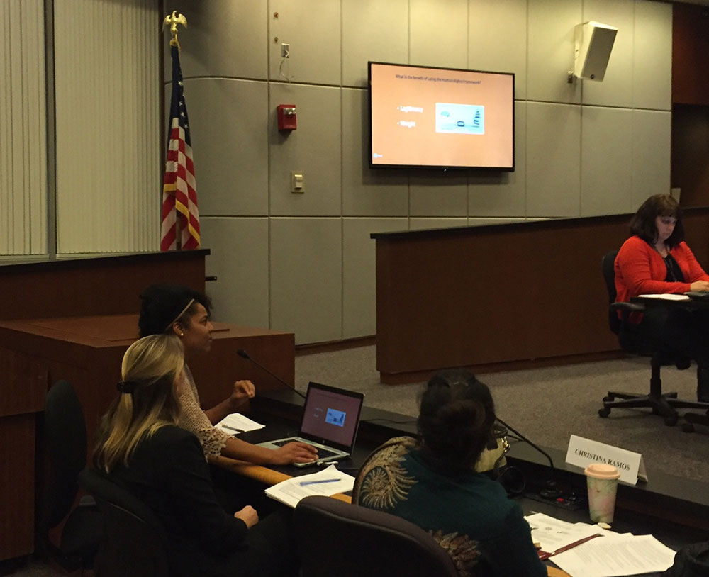 IHRC students Krysha Chatman and Courtney Kimmey presenting the CEDAW framework to the CSW.