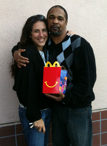 NCIP Attorney Paige Kaneb and NCIP client Maurice Caldwell enjoy McDonald’s together as his first meal after his exoneration.