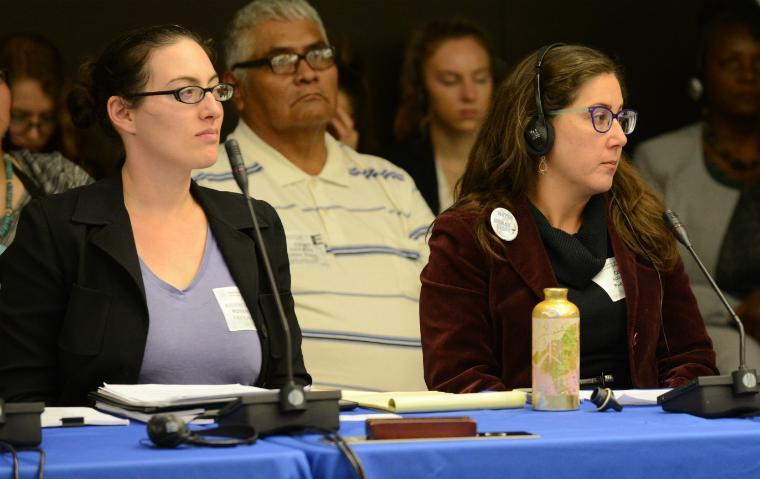 Hearing on the human right to water that Santa Clara Law’s International Human Rights Clinic participated in at the Inter-American Commission on Human Rights in Oct. 2015. Left is Britton Schwartz of the IHRC; next to her is Rebecca Landy, from clinic partner US Human Rights Netwok; in background are two IHRC students as well as affected community members.