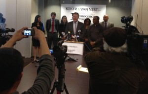Elliot Peters speaks at the press conference for Ronald Ross' exoneration