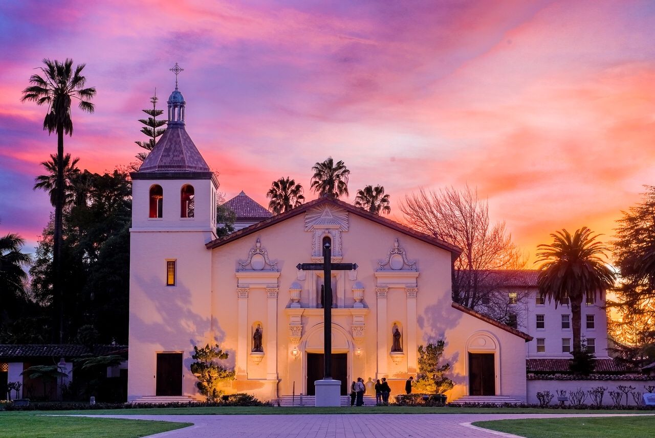Mission Church with red glow