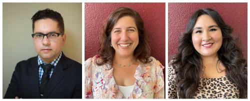 a series of 3 headshots, one main with glasses in a dark suit, one woman with brown hair and a flowery dress, one woman with longer brown hair and a cheetah print top