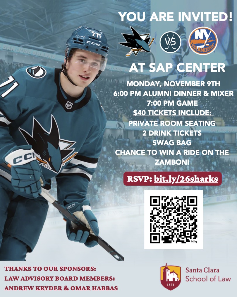 Promotional flyer of SCU School of Law Alumni event to be held Monday, November 9th at 6:00p.m., $40 tickets