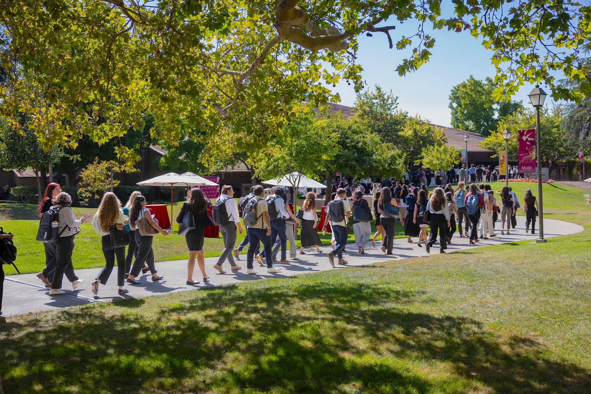 Dozens of students in single file line walking along path through grass