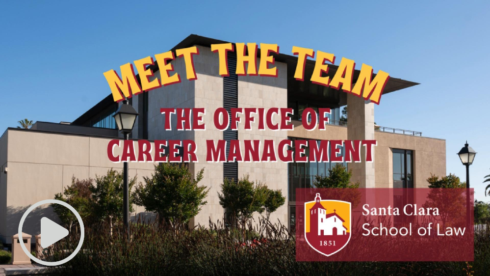 Charney Hall with a Santa Clara Law logo