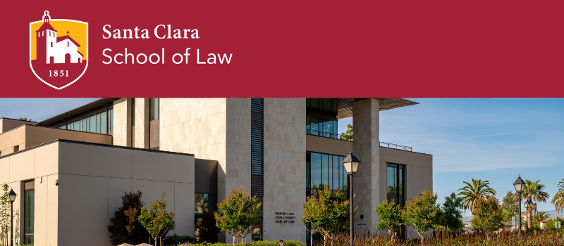 Santa Clara Law logo and a picture of Charney Hall