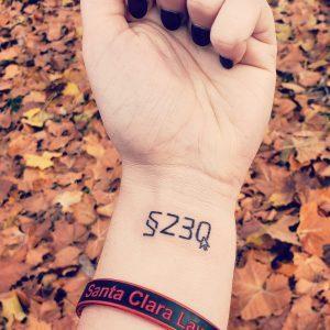 Photo of Section 230 tattoo on wrist of SCU Tech Edge Student Jess Miers