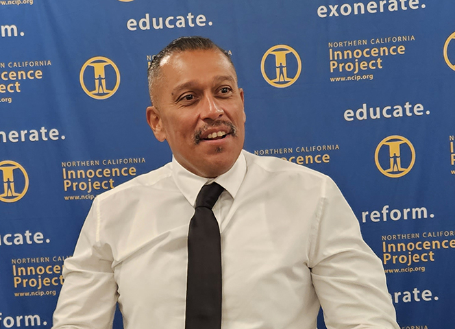 Exonoree Miguel Solorio Celebrating His Exoneration at the Northern California Innocence Project Offices at Santa Clara Law