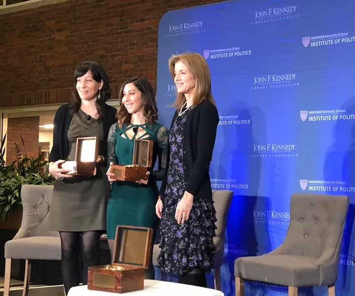 Christina Fialho BA ’06, JD ’12 (center) with co-founder of Freedom for Immigrants Christina Mansfield (left) and Caroline Kennedy (right).